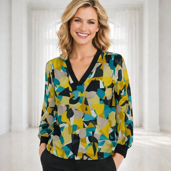 Calvin Klein Tops - Calvin Klein Abstract Geometric Print Blouse V-Neck Long Sleeve Top Small